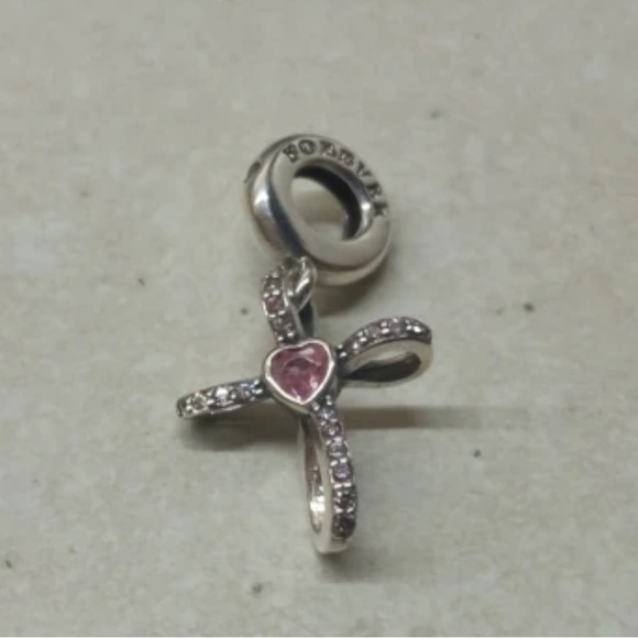 NWT 925 Sterling Silver Cross Charm w/ pink zircon heart accent - Picture 6 of 10